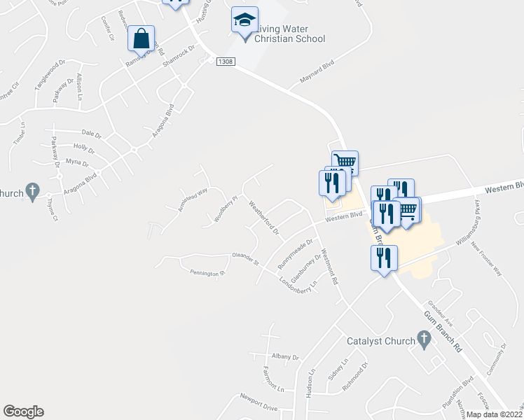 map of restaurants, bars, coffee shops, grocery stores, and more near 300 Weatherford Drive in Jacksonville