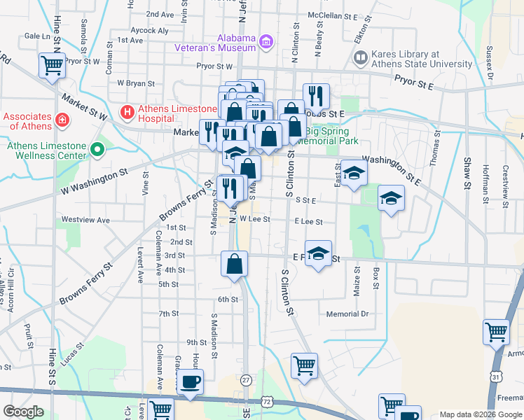 map of restaurants, bars, coffee shops, grocery stores, and more near 102 South Street East in Athens