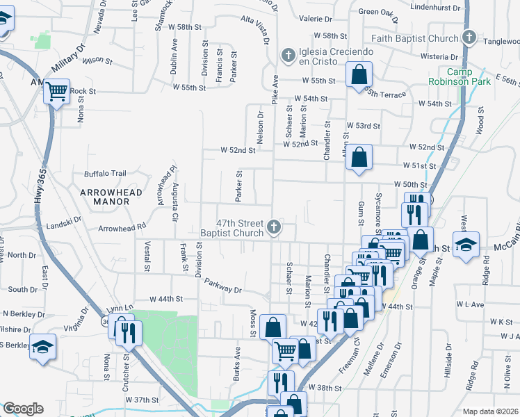 map of restaurants, bars, coffee shops, grocery stores, and more near 1109 West 49th Street in North Little Rock