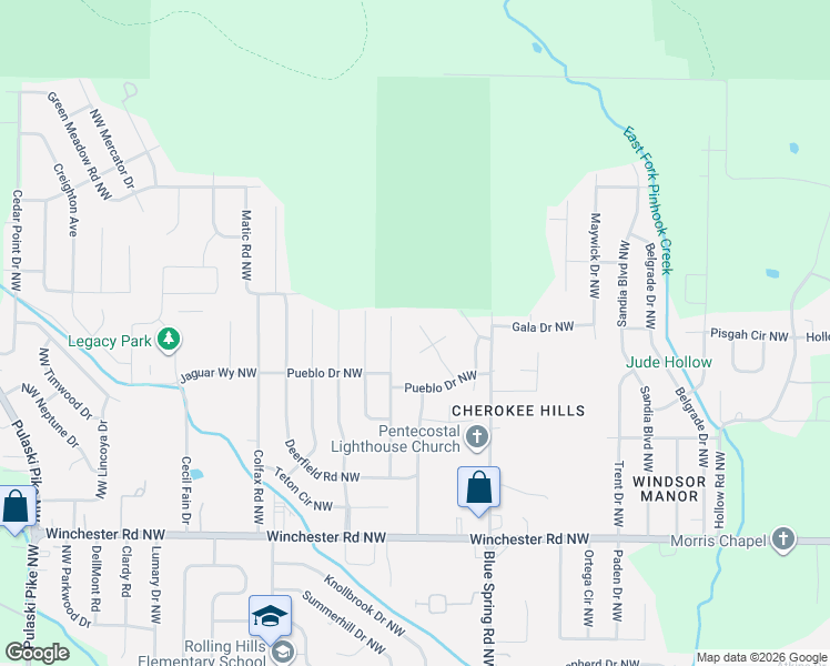 map of restaurants, bars, coffee shops, grocery stores, and more near 2803 Coosa Circle Northwest in Huntsville