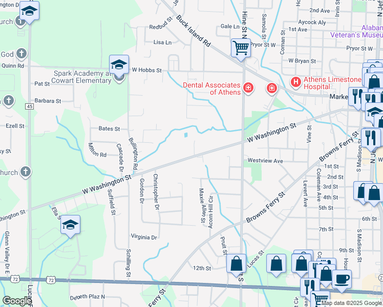 map of restaurants, bars, coffee shops, grocery stores, and more near 1112 West Washington Street in Athens
