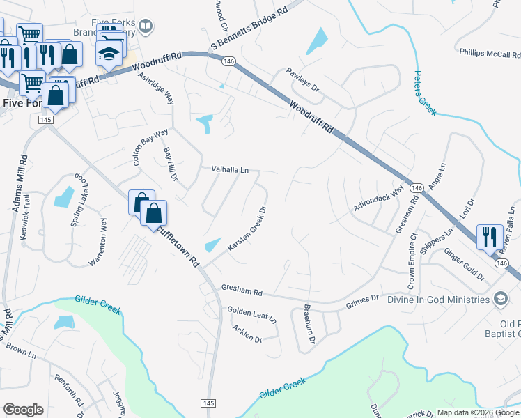 map of restaurants, bars, coffee shops, grocery stores, and more near 315 Karsten Creek Drive in Simpsonville