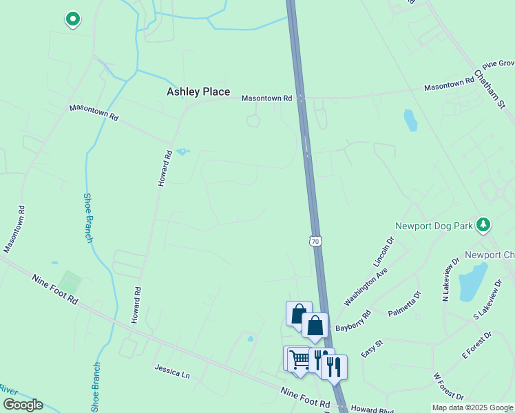 map of restaurants, bars, coffee shops, grocery stores, and more near 245 Patriot Drive in Newport