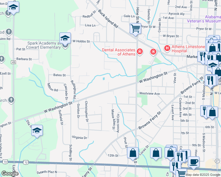 map of restaurants, bars, coffee shops, grocery stores, and more near 1018 West Washington Street in Athens