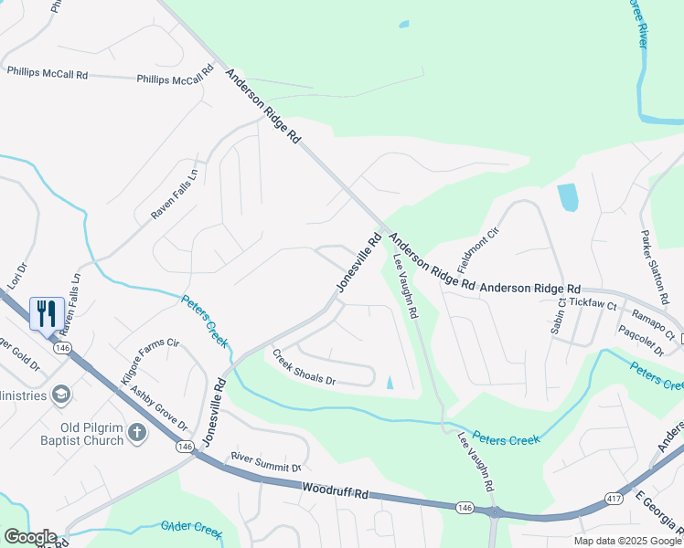 map of restaurants, bars, coffee shops, grocery stores, and more near 1 Jordan Crest Court in Simpsonville