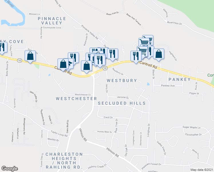 map of restaurants, bars, coffee shops, grocery stores, and more near 4901 Jerry Drive in Little Rock
