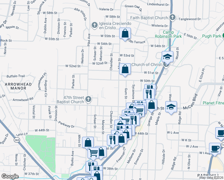 map of restaurants, bars, coffee shops, grocery stores, and more near 4901 North Allen in North Little Rock