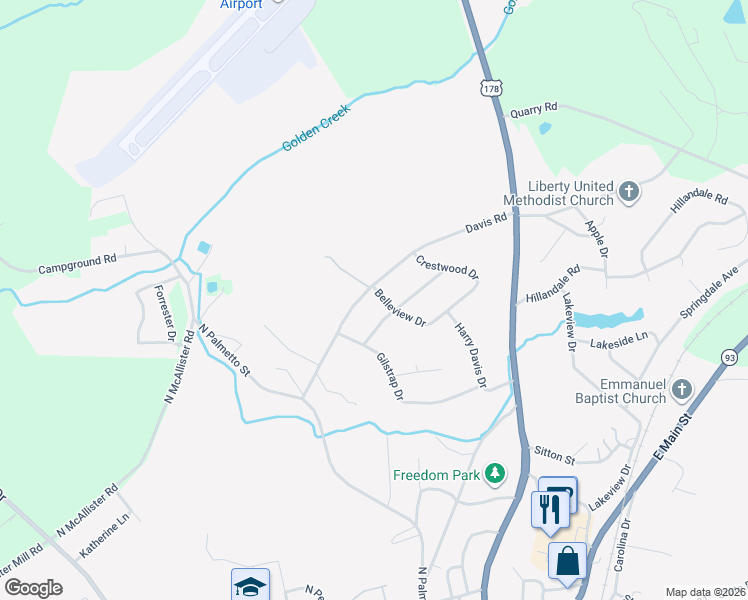 map of restaurants, bars, coffee shops, grocery stores, and more near 102 Belleview Drive in Liberty