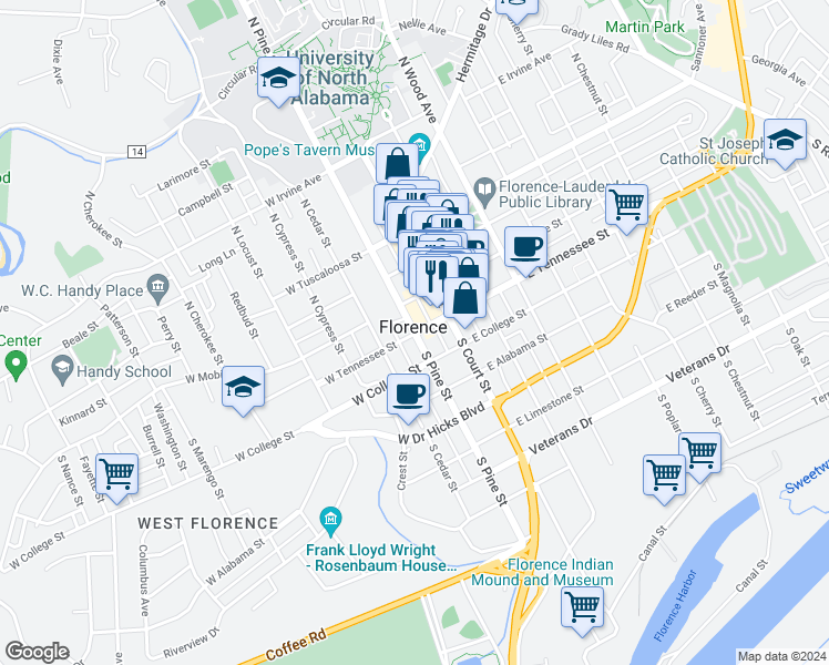 map of restaurants, bars, coffee shops, grocery stores, and more near 104 North Pine Street in Florence