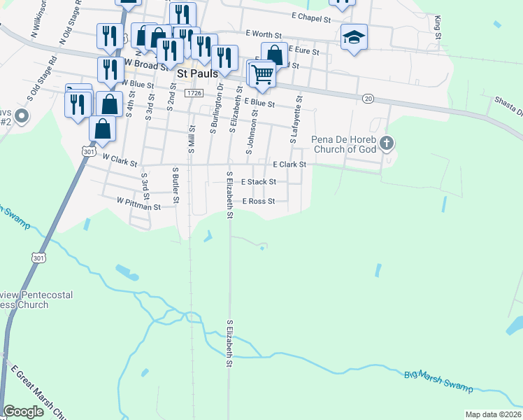 map of restaurants, bars, coffee shops, grocery stores, and more near 410 East Ross Street in St. Pauls