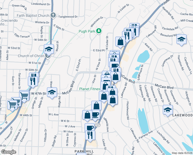 map of restaurants, bars, coffee shops, grocery stores, and more near 4808 North Vine Street in North Little Rock