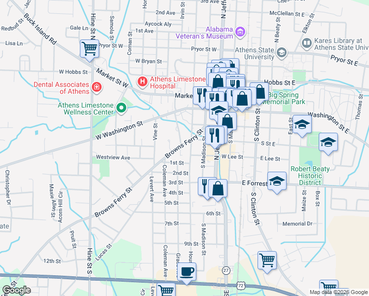 map of restaurants, bars, coffee shops, grocery stores, and more near 403 South Houston Street in Athens