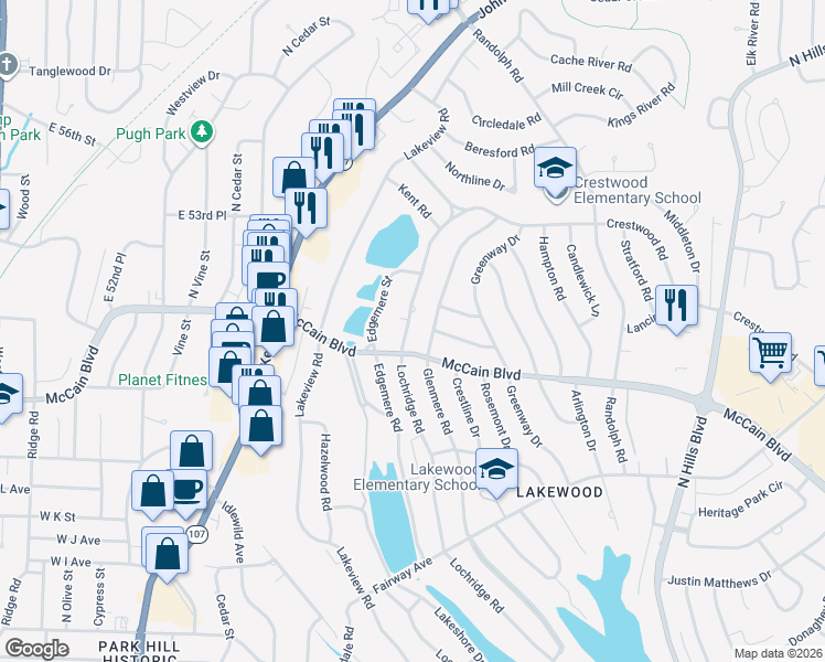 map of restaurants, bars, coffee shops, grocery stores, and more near 4821 Lochridge Road in North Little Rock