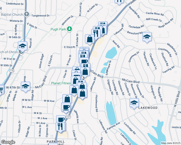 map of restaurants, bars, coffee shops, grocery stores, and more near 1012 McCain Boulevard in North Little Rock