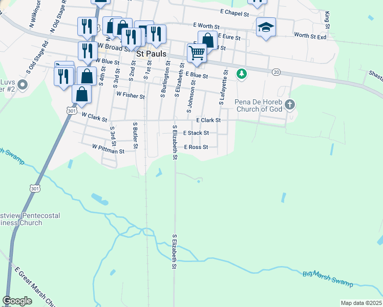 map of restaurants, bars, coffee shops, grocery stores, and more near 400 East Ross Street in Saint Pauls
