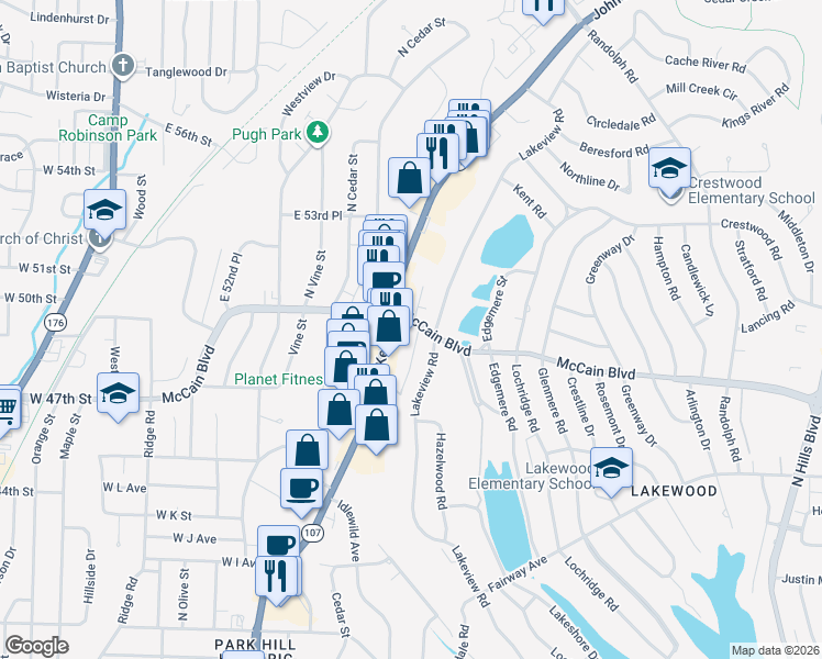 map of restaurants, bars, coffee shops, grocery stores, and more near 1012 McCain Boulevard in North Little Rock