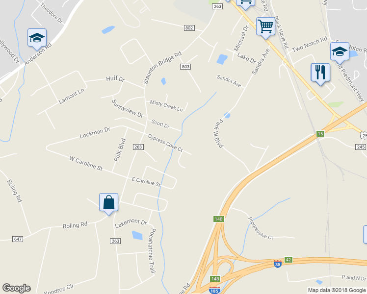 map of restaurants, bars, coffee shops, grocery stores, and more near 109 Cypress Cove Court in Greenville