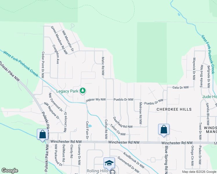 map of restaurants, bars, coffee shops, grocery stores, and more near 3315 Deerfield Road Northwest in Huntsville