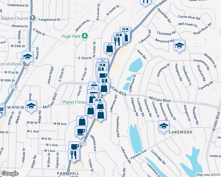 map of restaurants, bars, coffee shops, grocery stores, and more near 4821 Hickory Avenue in North Little Rock