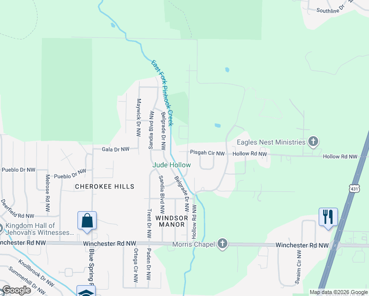 map of restaurants, bars, coffee shops, grocery stores, and more near 6201 Pisgah Drive Northwest in Huntsville