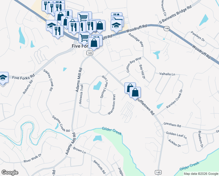 map of restaurants, bars, coffee shops, grocery stores, and more near 5 Warrenton Way in Simpsonville