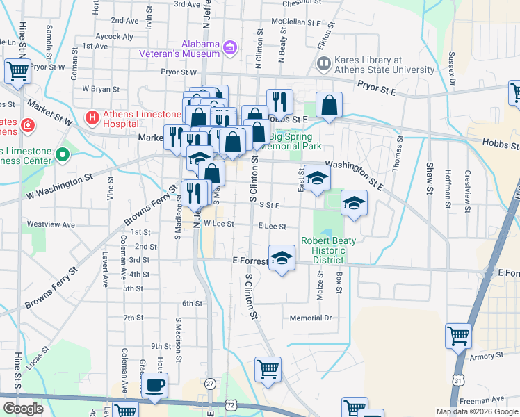 map of restaurants, bars, coffee shops, grocery stores, and more near 401 South Clinton Street in Athens