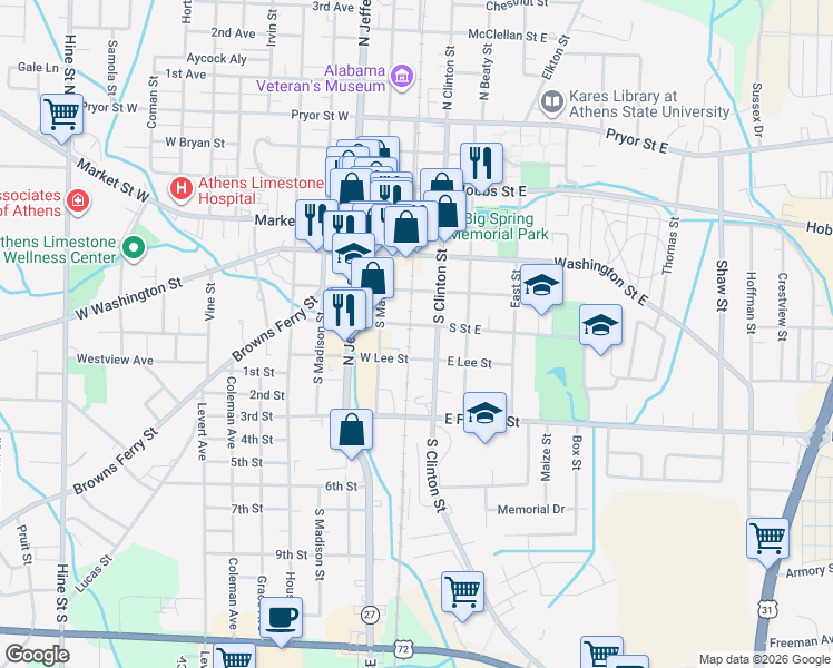map of restaurants, bars, coffee shops, grocery stores, and more near 102 South Street East in Athens