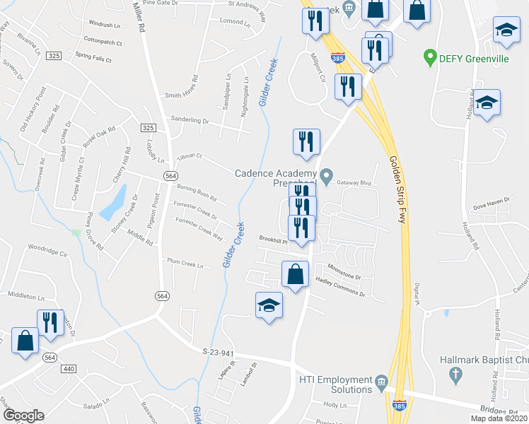 map of restaurants, bars, coffee shops, grocery stores, and more near 458 Woodbark Court in Mauldin