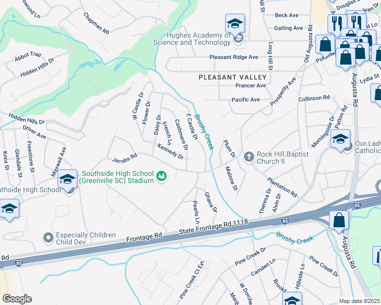 map of restaurants, bars, coffee shops, grocery stores, and more near 102 Cashmere Drive in Greenville