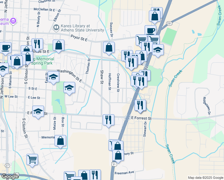 map of restaurants, bars, coffee shops, grocery stores, and more near 401 Hoffman Street in Athens