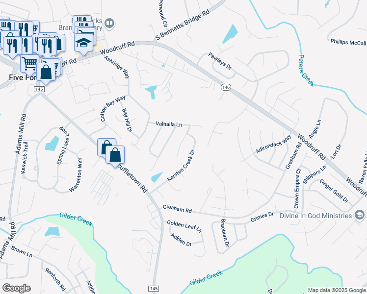 map of restaurants, bars, coffee shops, grocery stores, and more near 110 Innisbrook Lane in Simpsonville