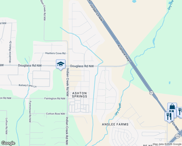 map of restaurants, bars, coffee shops, grocery stores, and more near 72 Douglass Road Northwest in Huntsville