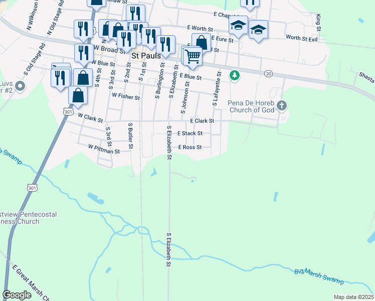 map of restaurants, bars, coffee shops, grocery stores, and more near 400 East Ross Street in Saint Pauls