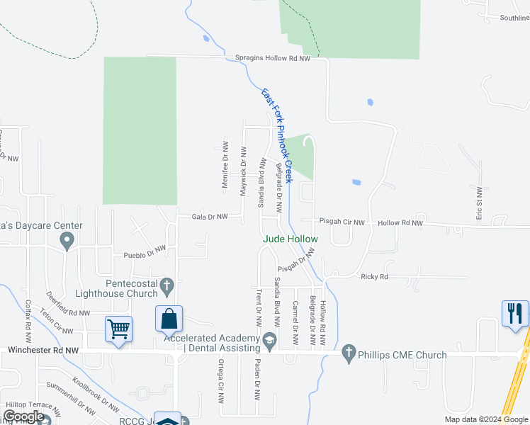 map of restaurants, bars, coffee shops, grocery stores, and more near 6200 Sandia Boulevard Northwest in Huntsville