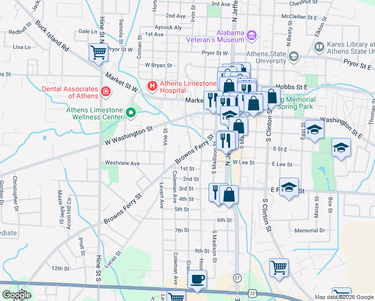 map of restaurants, bars, coffee shops, grocery stores, and more near 514 Browns Ferry Street in Athens