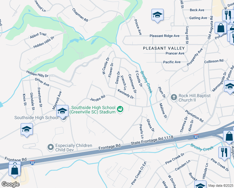 map of restaurants, bars, coffee shops, grocery stores, and more near 4 Daisy Drive in Greenville