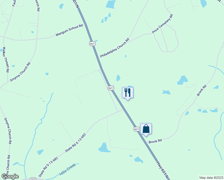 map of restaurants, bars, coffee shops, grocery stores, and more near Highway 601 North in Chesterfield County