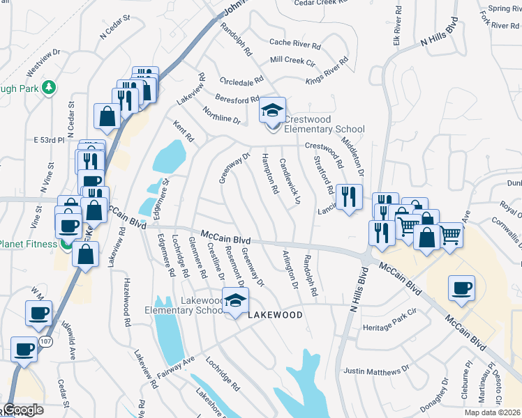 map of restaurants, bars, coffee shops, grocery stores, and more near 4916 Oaklawn Drive in North Little Rock