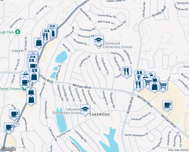 map of restaurants, bars, coffee shops, grocery stores, and more near 4916 Oaklawn Drive in North Little Rock