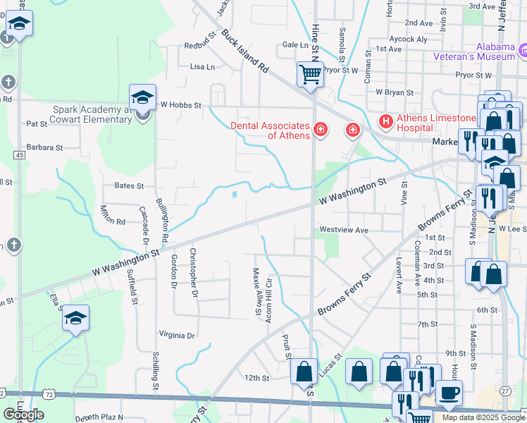 map of restaurants, bars, coffee shops, grocery stores, and more near 1018 West Washington Street in Athens