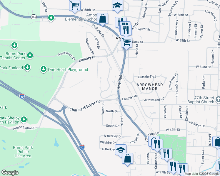 map of restaurants, bars, coffee shops, grocery stores, and more near 410 Sierra Madre Drive in North Little Rock
