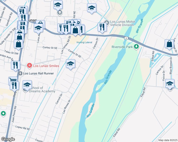 map of restaurants, bars, coffee shops, grocery stores, and more near 1168 Pine Court Southeast in Los Lunas