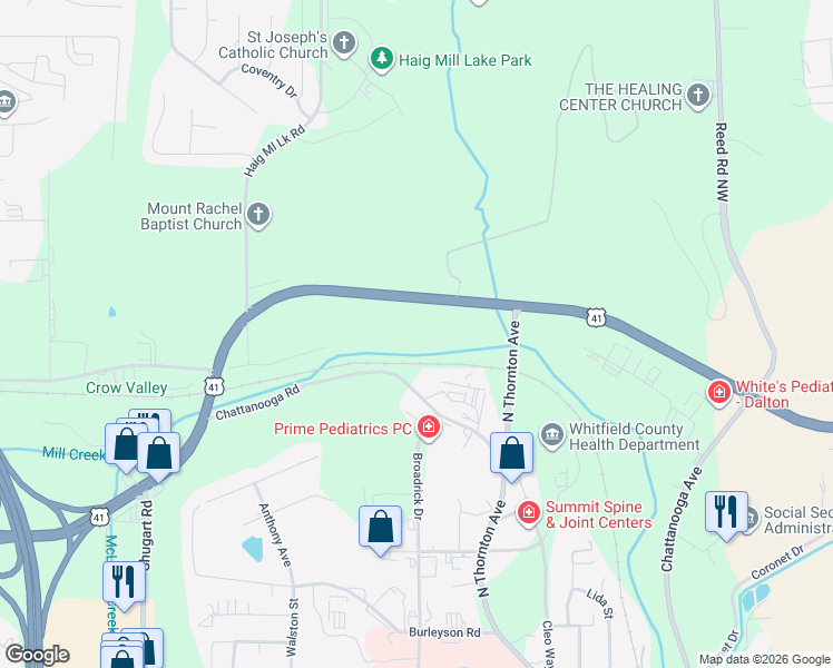 map of restaurants, bars, coffee shops, grocery stores, and more near 581 Mallard Road in Dalton