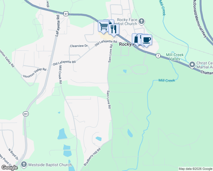map of restaurants, bars, coffee shops, grocery stores, and more near 2643 Rocky Drive in Rocky Face