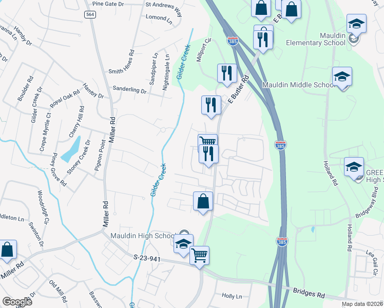 map of restaurants, bars, coffee shops, grocery stores, and more near 60 Centimeters Drive in Mauldin