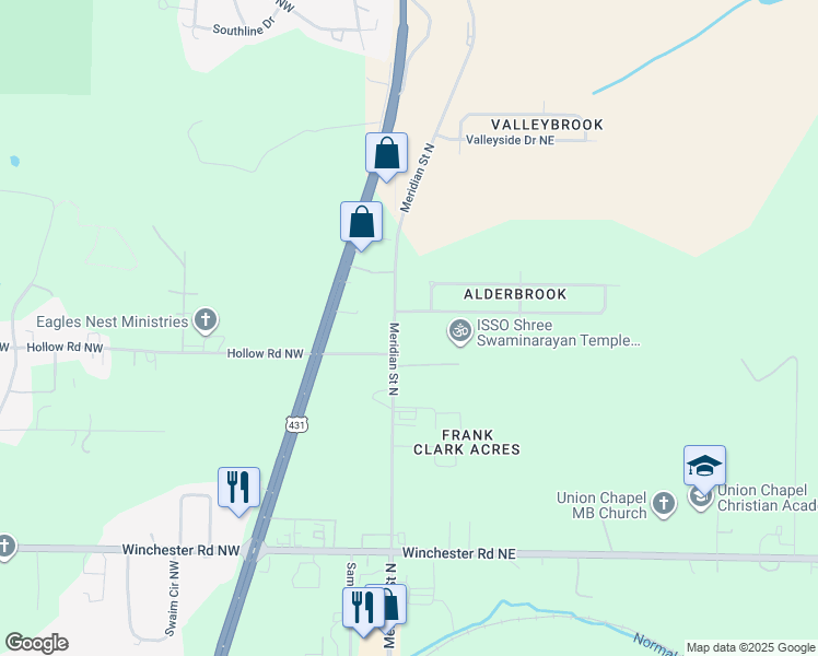 map of restaurants, bars, coffee shops, grocery stores, and more near 5108 Meridian Street North in Huntsville