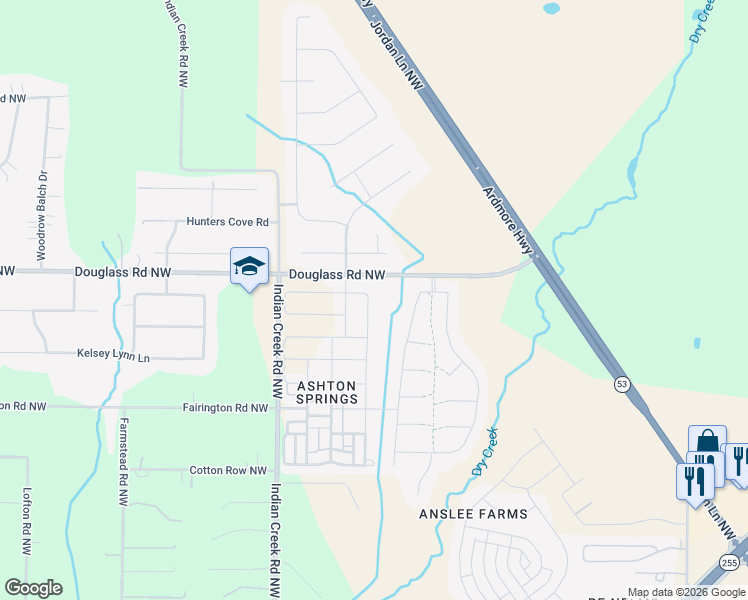 map of restaurants, bars, coffee shops, grocery stores, and more near 72 Douglass Road Northwest in Huntsville