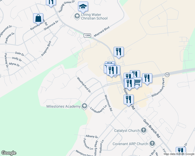 map of restaurants, bars, coffee shops, grocery stores, and more near 204 Winterlochen Drive in Jacksonville
