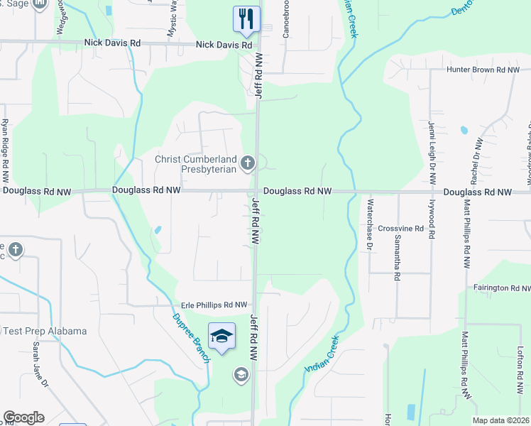 map of restaurants, bars, coffee shops, grocery stores, and more near 1495 Jeff Road Northwest in Huntsville