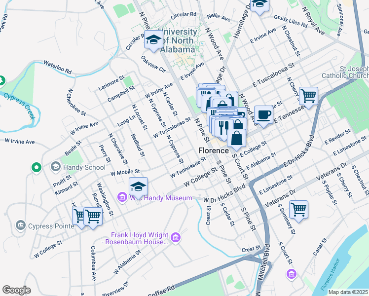 map of restaurants, bars, coffee shops, grocery stores, and more near 201 North Cedar Street in Florence